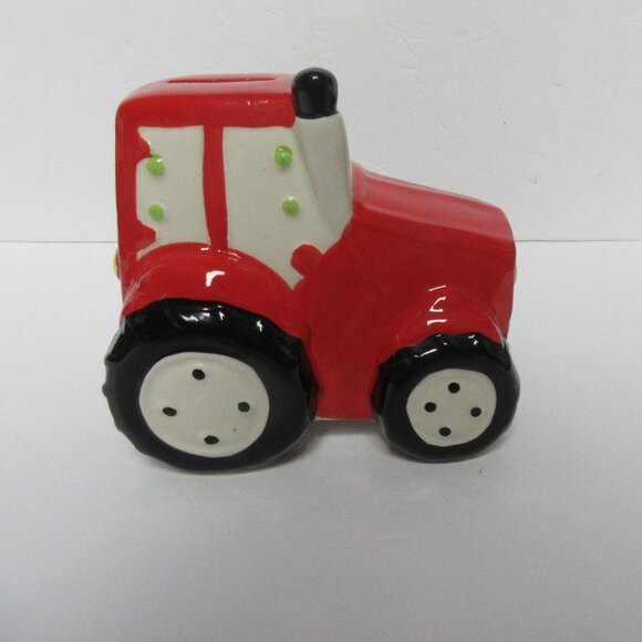 5.75" X 5.75" Red, Black And White Ceramic Tractor Bank - Picture 2 of 5